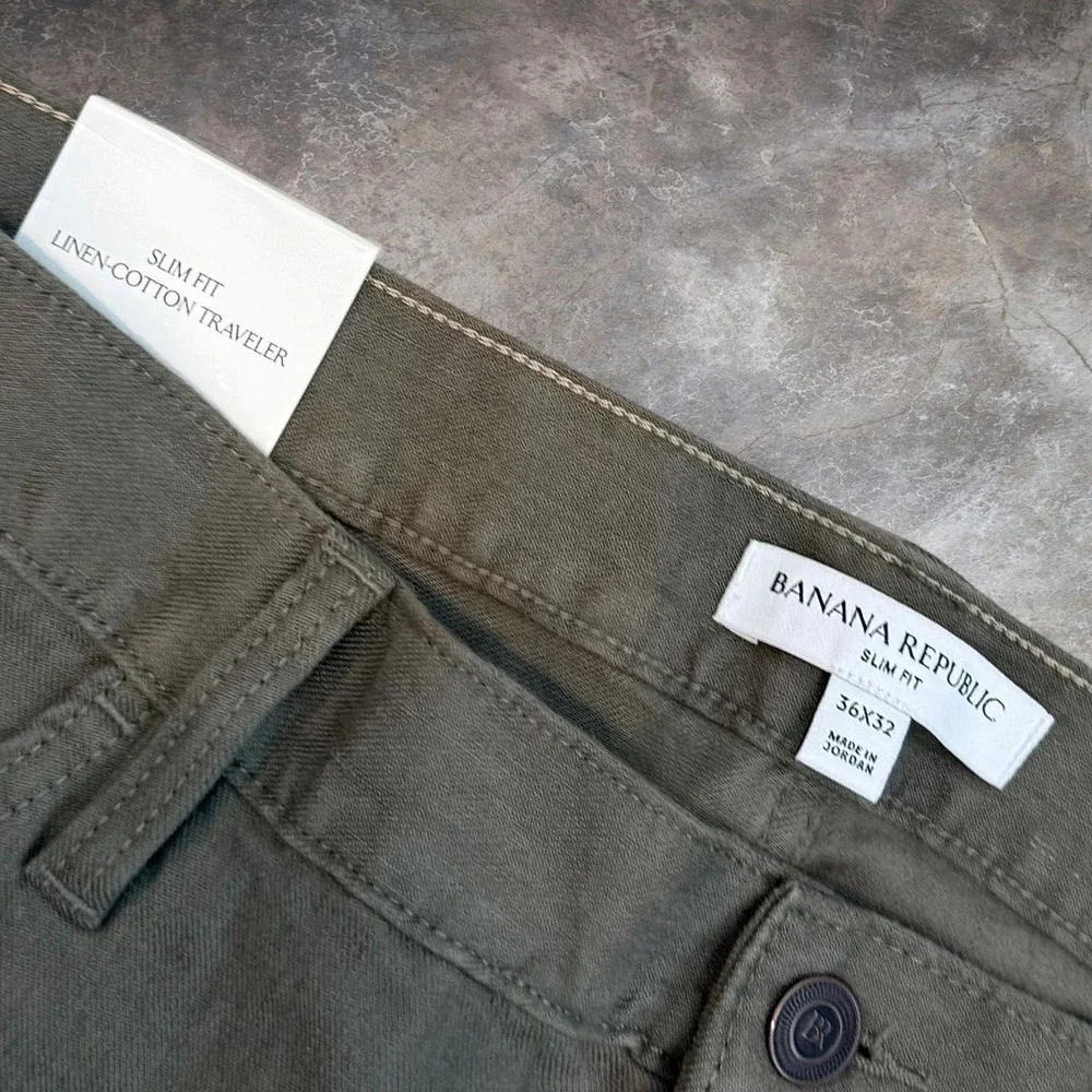 Banana Republic Linen Slim Fit Traveler Olive Green Pants Mens Size 36x32 Preppy